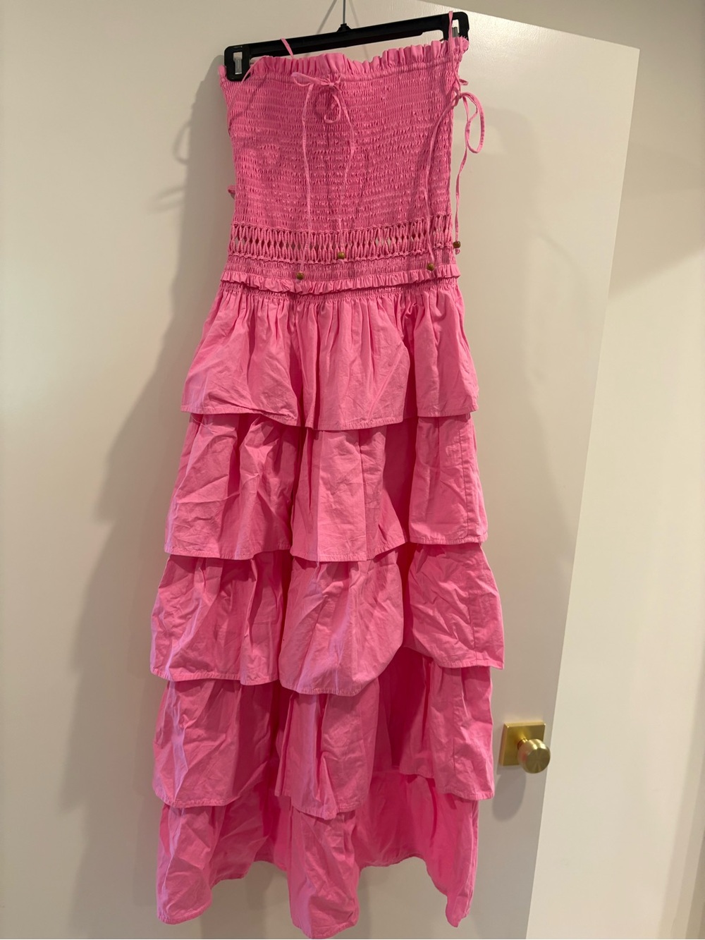 Free People Bright Pink Smocked Tiered Midi Dress